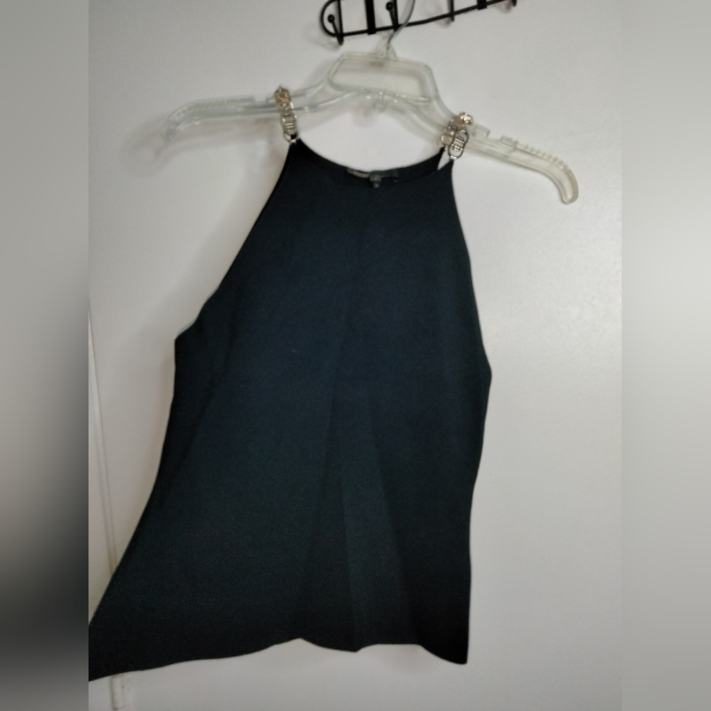 Maje (Size 2/M) Black & Gold Accent Chain Strap Stretch Morrison Halter Neck Top